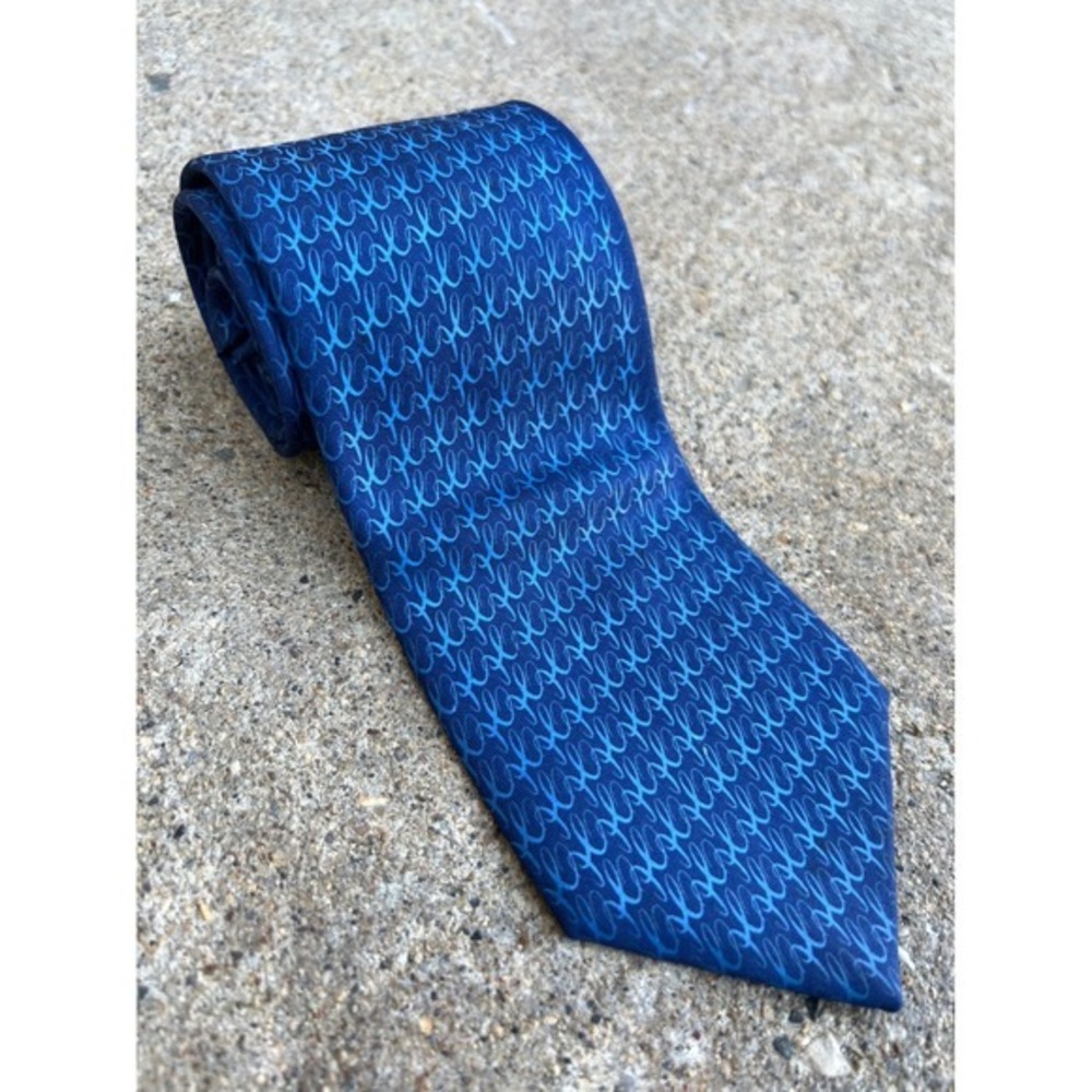 Authentic Hermes Paris 100% Silk Tie Navy Blue Cursive H Monogram